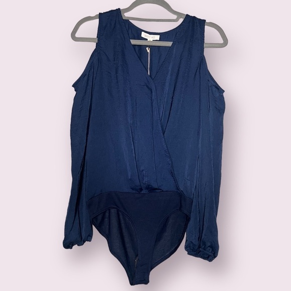 August Mist Tops - August Mist Cold Shoulder Navy Blue Surplice Bodysuit Small